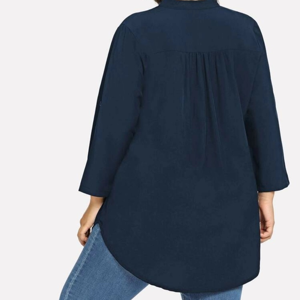 Roll tab long sleeve notched v neck hi low tunic top shirt navy blue boho - Picture 2 of 6